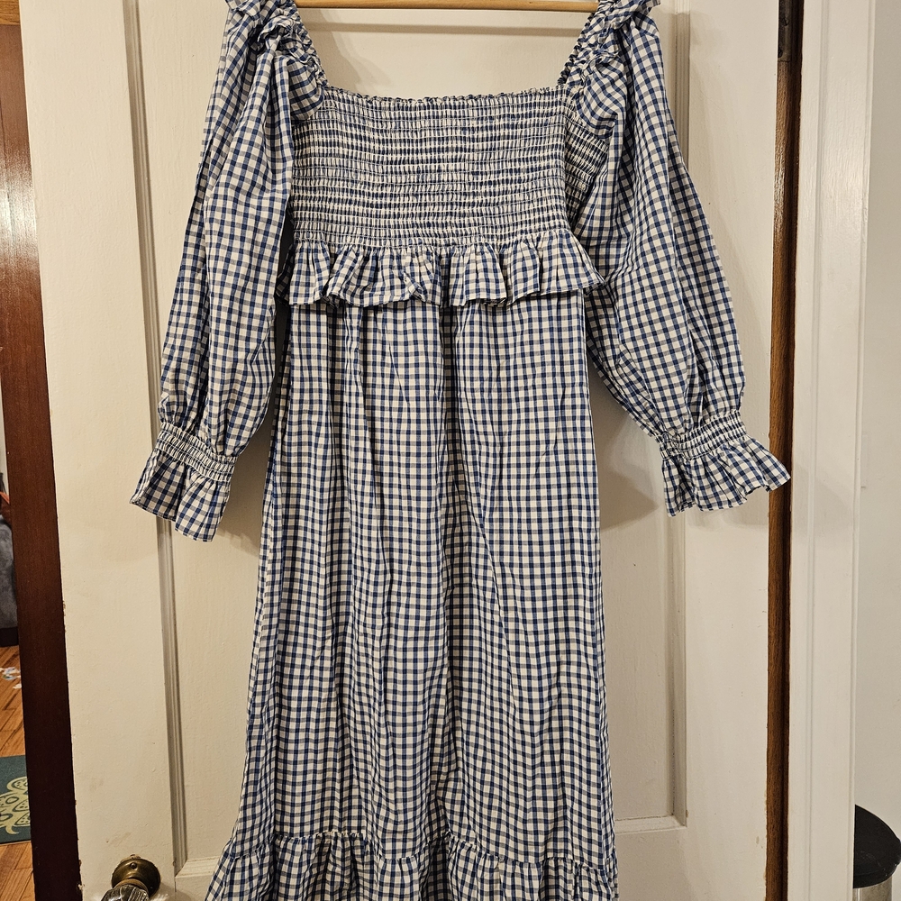 Smocked Gingham Midi Dress with Ruffle Trim - Blue/White